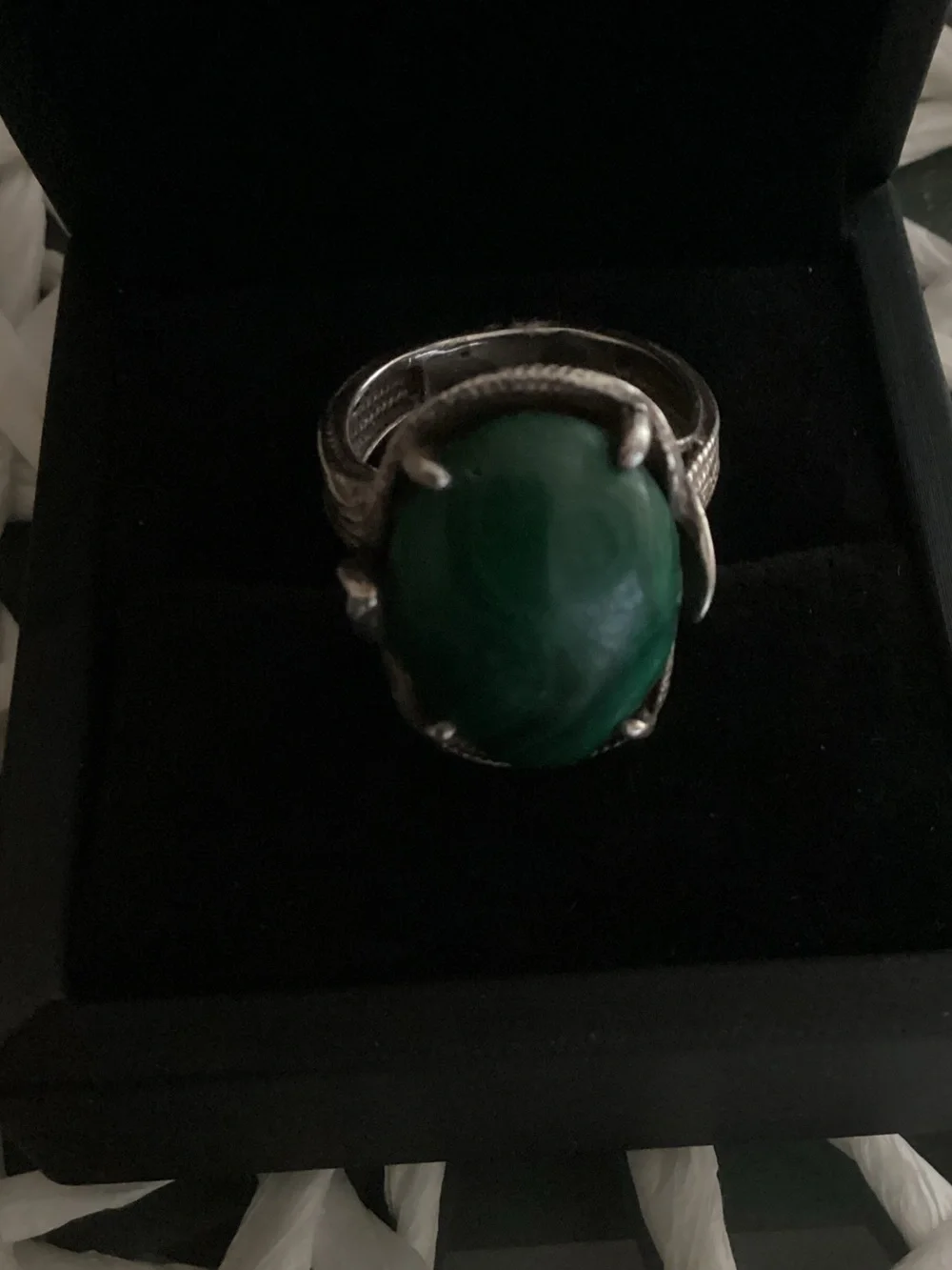 Green Malachite Oval Statement Ring in Sterling Silver Bezel Setting.